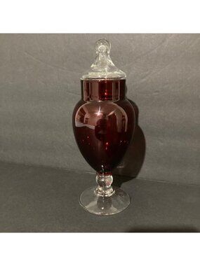 Vintage Anchor Hocking Red Glass Apothecary Jar With Clear Lid & Pedestal Design